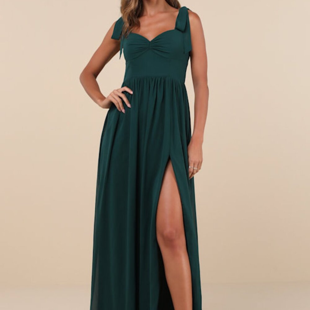 Lulus Radiant Charisma Emerald Chiffon Ruched Tie-strap Maxi Dress Green